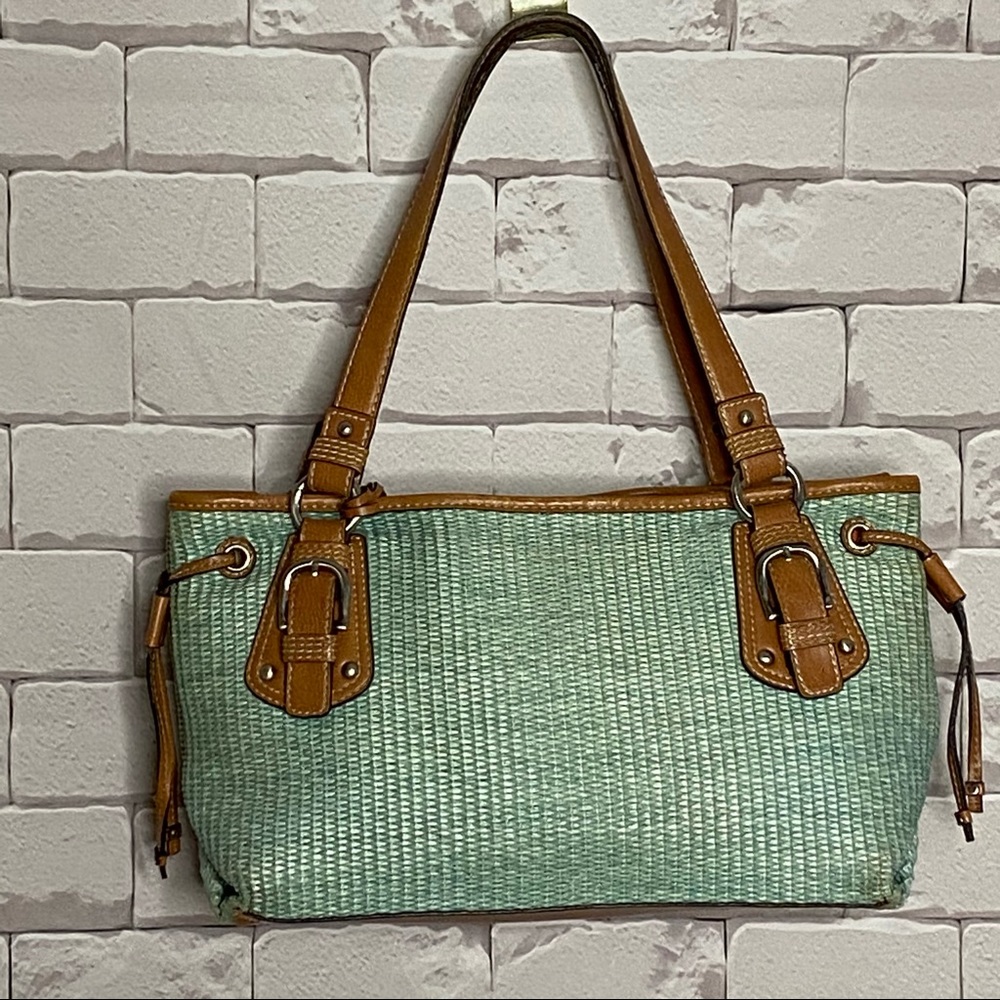 Fossil Woven Straw and Leather Shoulder Bag Green